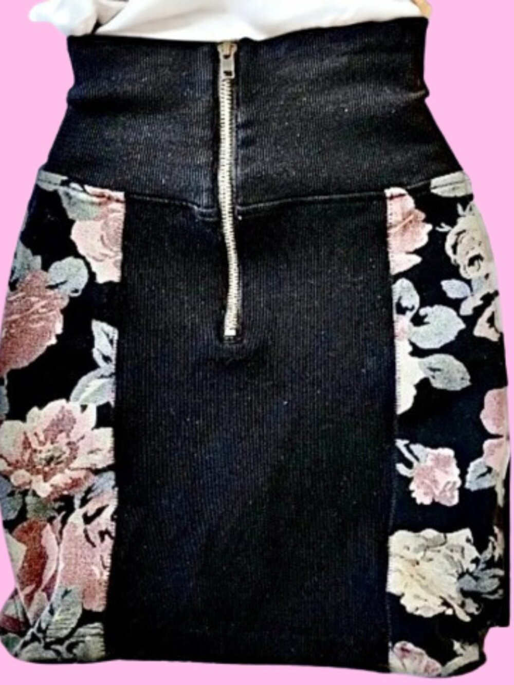 WILFRED Skirt Black Knee Length Floral Panels Exposed Zipper Small